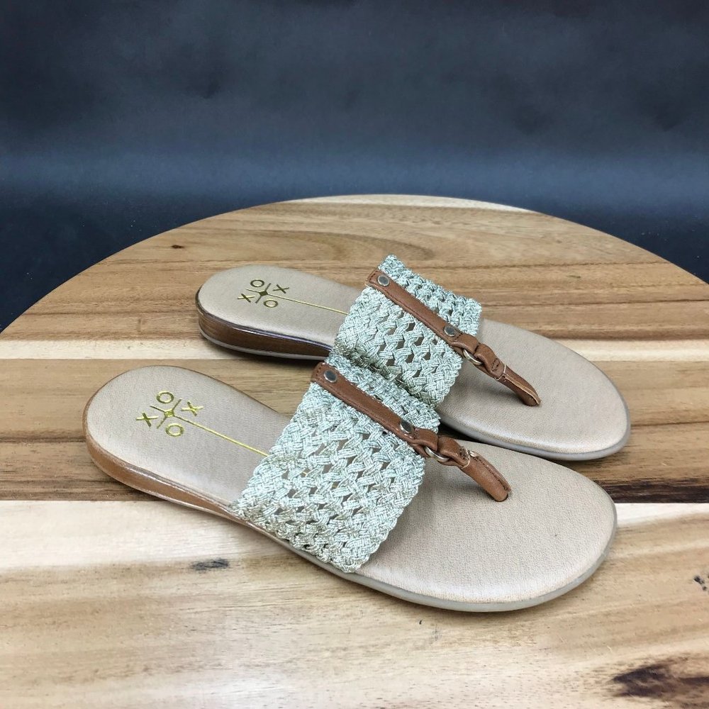 XOXO Beige Brown Woven Faux Leather T Strap Sandals Slip On Womens Size 6